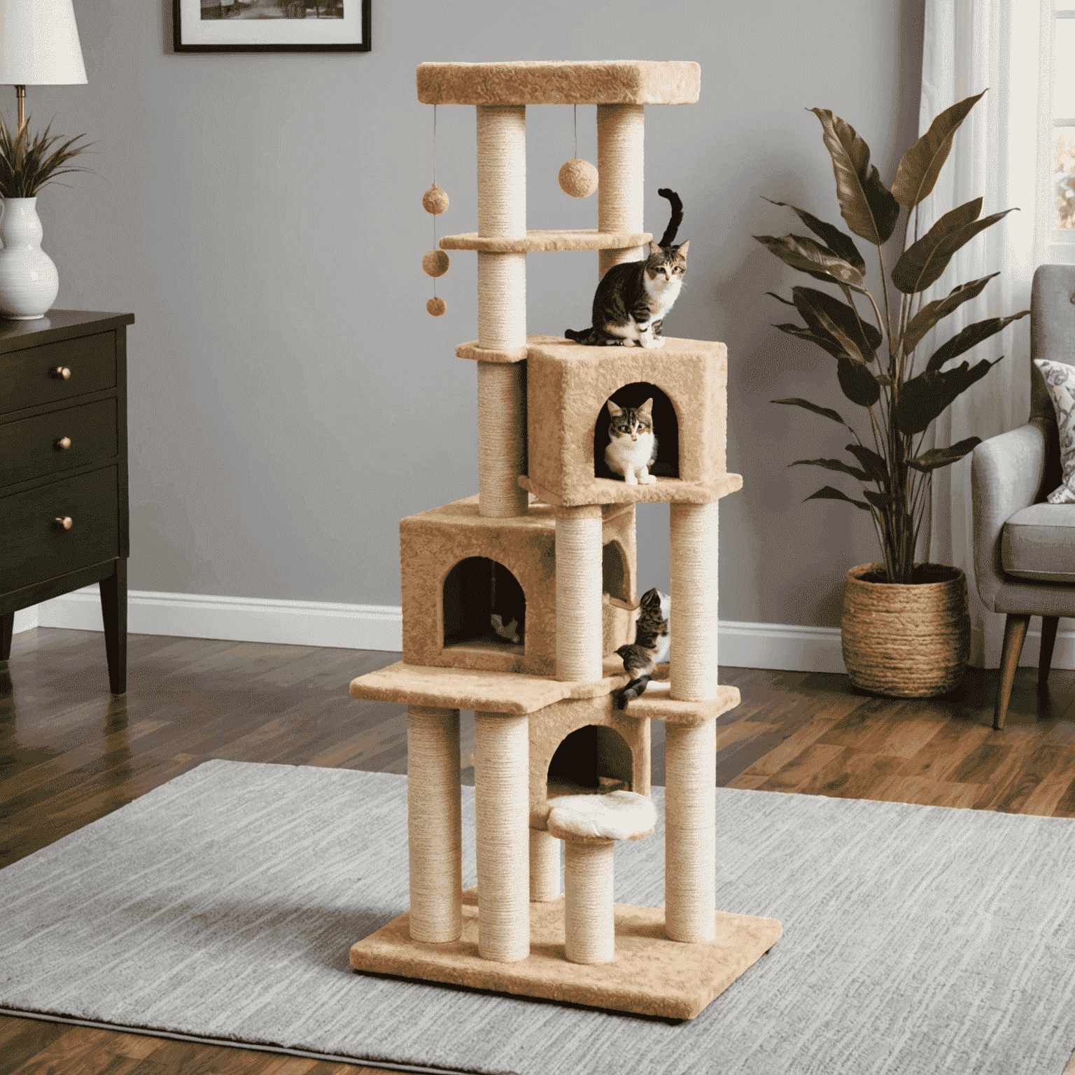 Un rascador alto y resistente para gatos, con múltiples niveles y superficies de sisal. Incluye plataformas y juguetes colgantes para mantener a tu gato activo y entretenido.