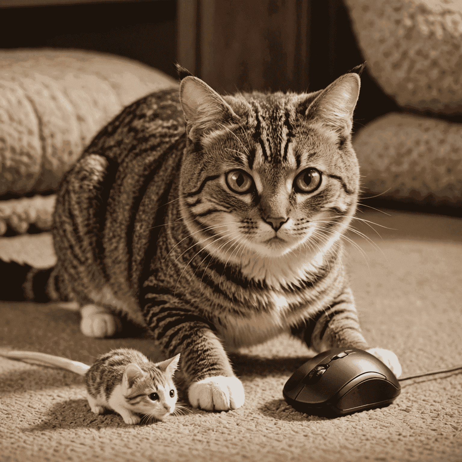 Gato cazando un ratón de peluche que emite sonidos realistas