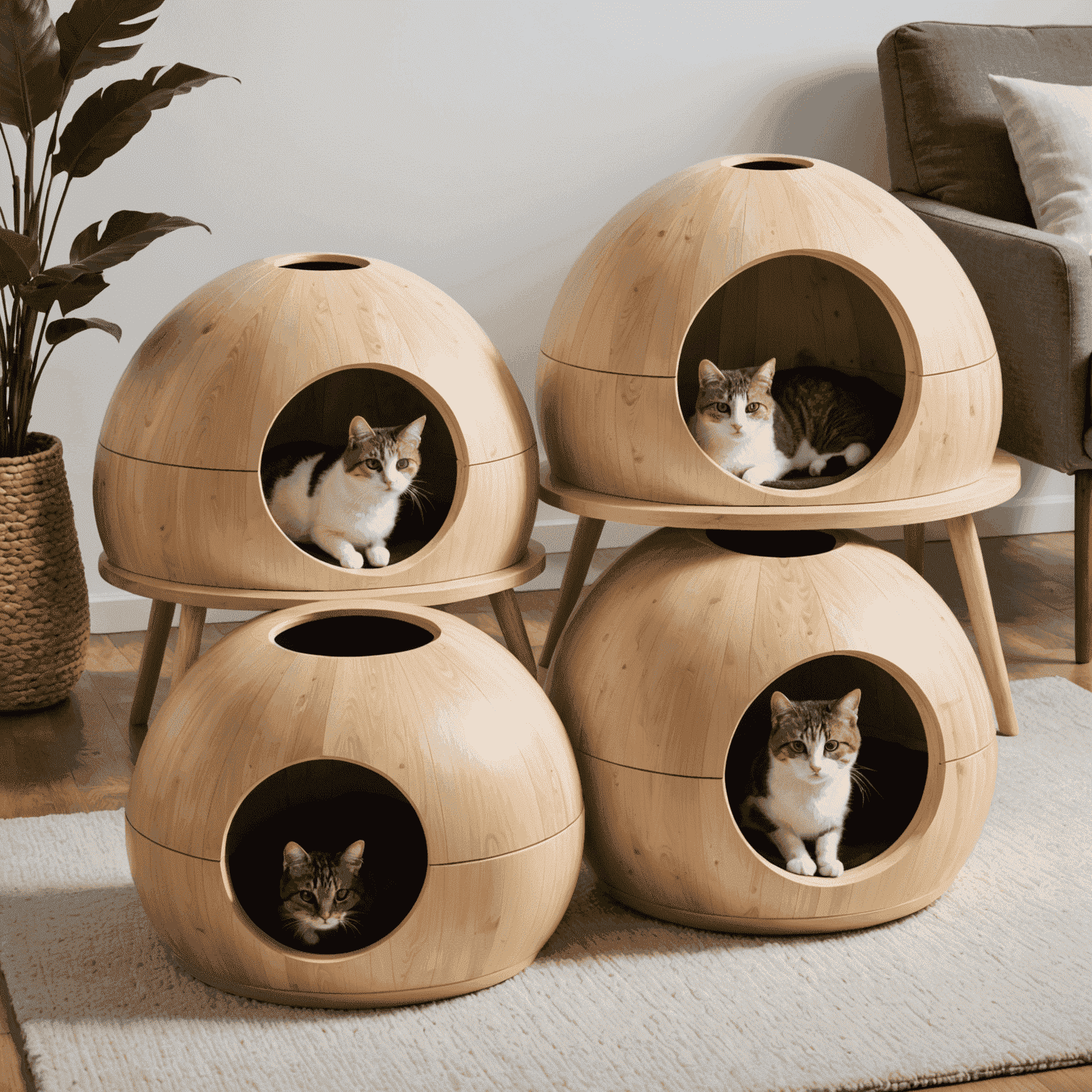 Varias casitas para gatos con diseños modernos, incluyendo una en forma de iglú, otra con múltiples niveles y una tercera con un diseño minimalista